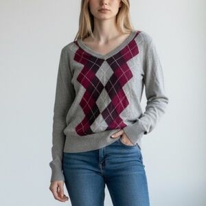 Argyle Plaid Burgundy Grey Preppy Cotton Long Sleeve Sweater Size Small